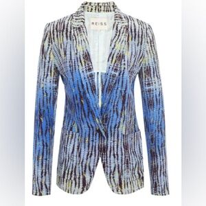 Reiss 100% Silk Printed Blue Black Lightweight Long Sleeve Blazer Sz M